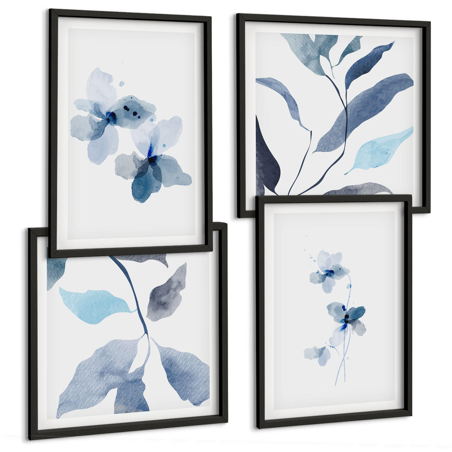 BILDER SET 4er Set - 50x50 cm & 40x60 cm Schwarzer Rahmen - Minimalistische blaue Blumen - Schwarz, Kunststoff (50/50cm) - TULUP