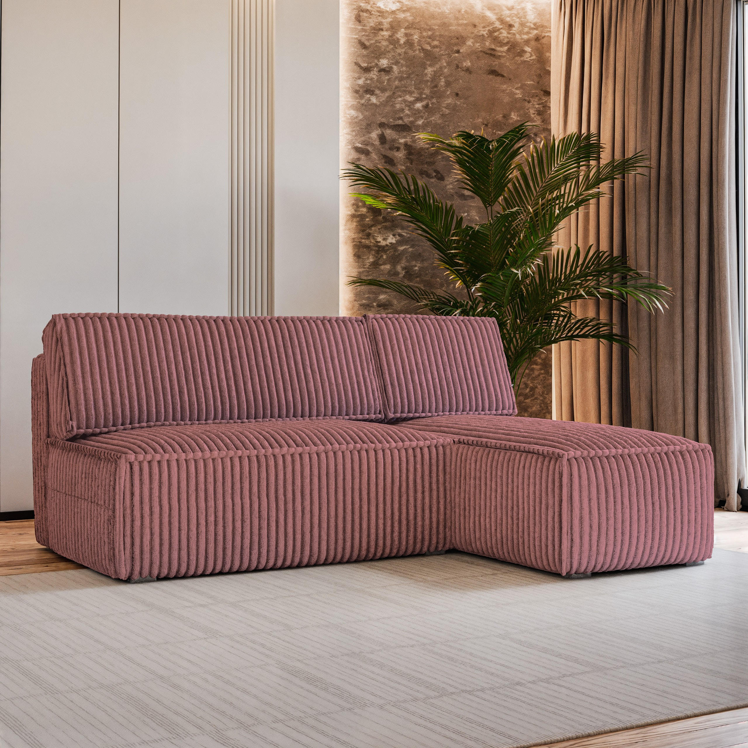 ECKSOFA BRISO T Rosa Kordstoff mit Schlaffunktion - Rosa, Holz (200/140cm) - MASSENO