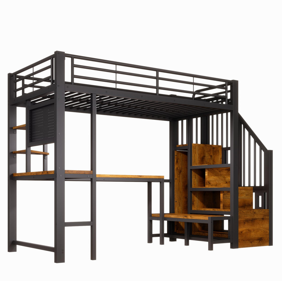 HOCHBETT Metall/MDF 90x200 cm Schwarz mit Schreibtisch, Stauraumtreppe, LED, USB & USB-C - Schwarz, Holzwerkstoff (90/200cm) - Modfu