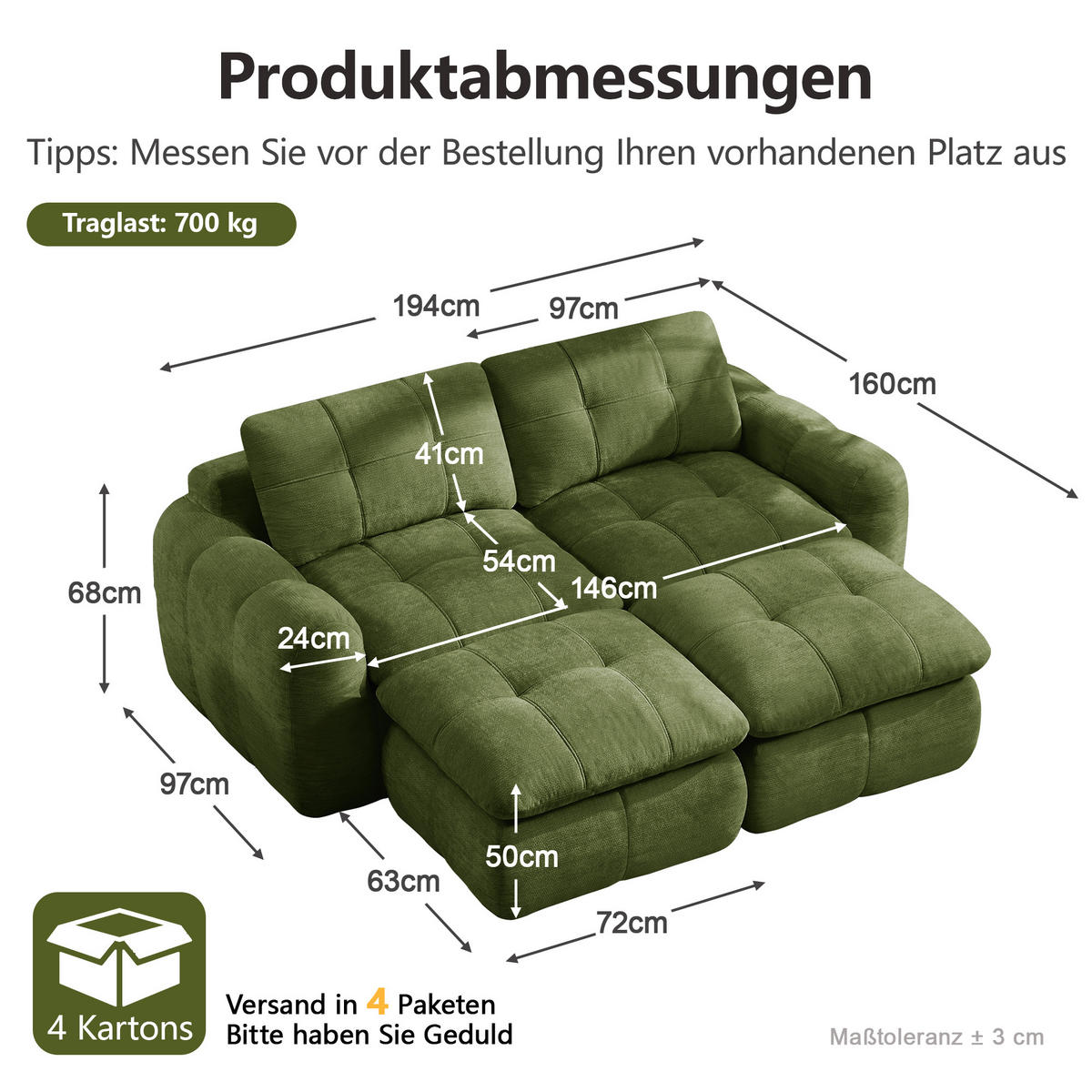 2-SITZER-SOFA DE-34464 mit 2 Ottomanen Grün - Grün, Textil (160/194cm) - ComfortXL