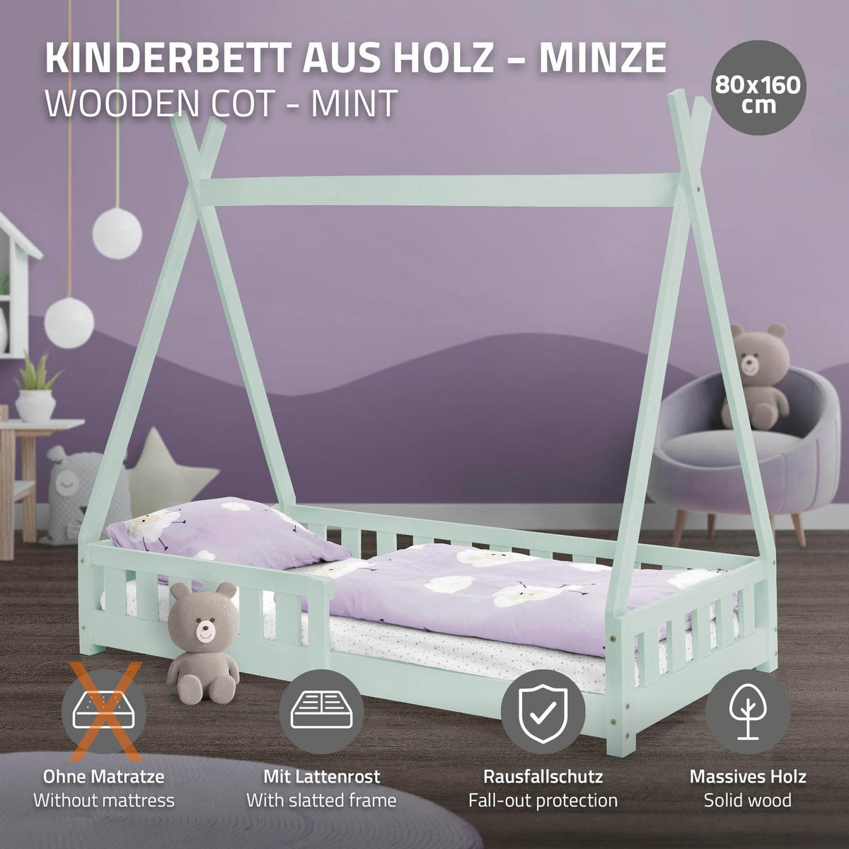 KINDERBETT Tipi 80x160 cm Mint - Mintgrün, Holz (80/160cm) - ML-DESIGN