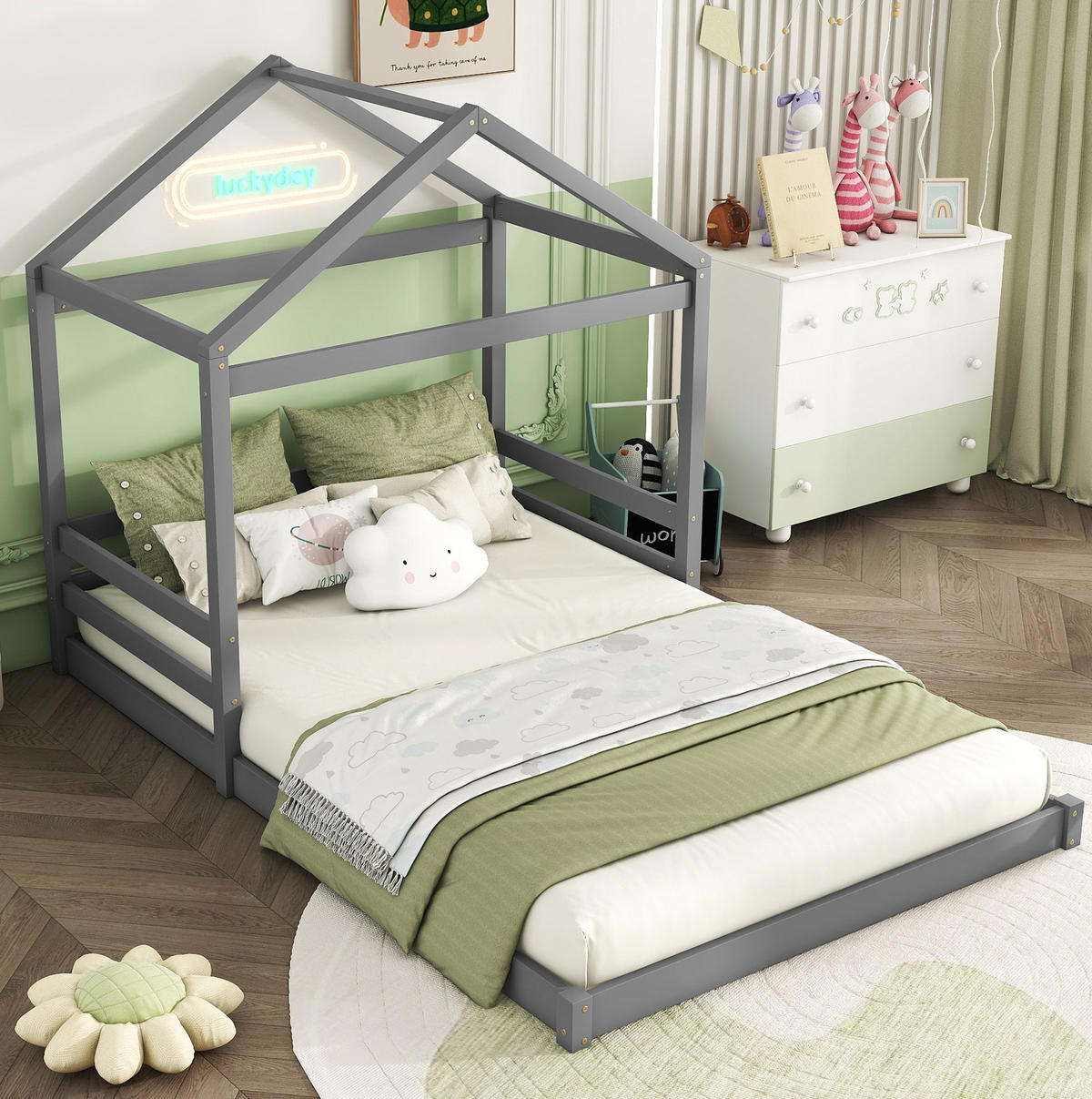 HAUSBETT 140/200 cm aus Kiefernholz und MDF – in Grau mit Lattenrost - Grau, Holz (140/200cm) - BEAOK