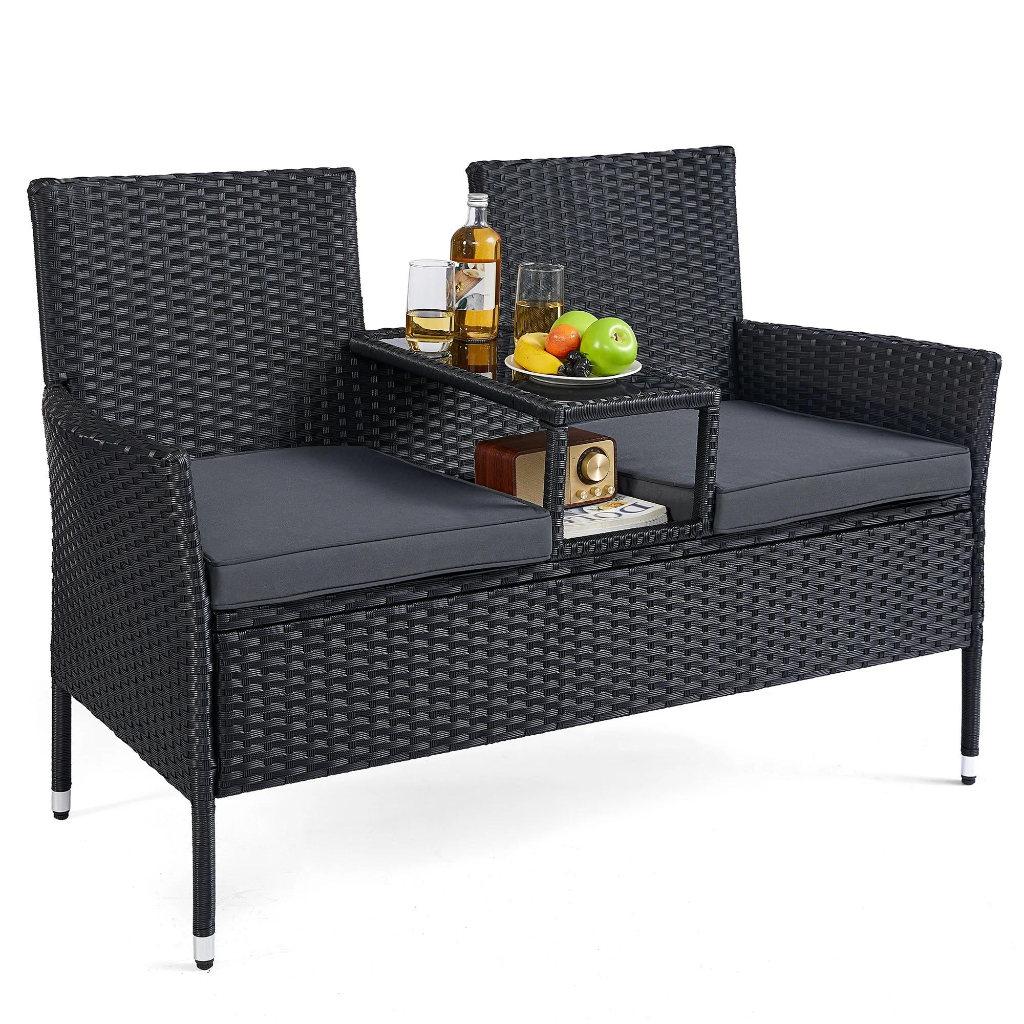 LOUNGEGARNITUR PE-Polyrattan Schwarz, Sofa mit Tisch - Schwarz, Textil - Kaket