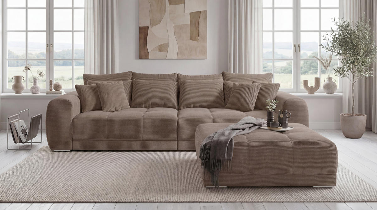 POLSTERHOCKER XXL Federkern B120/T120/H39 cm (passend zum BIG-SOFA) Cord Braun Taupe / 15178 - Taupe/Chromfarben, Textil/Metall (120/39/120cm) - luma-home