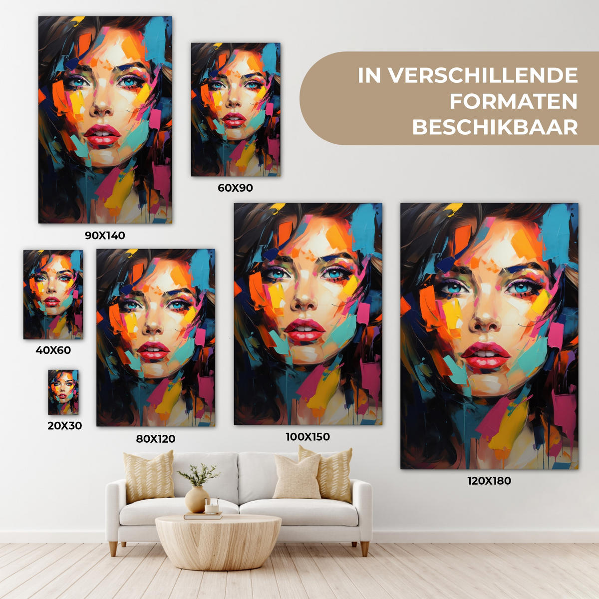 LEINWANDBILD Frau - Porträt - Farbenfroh - Kunst Wanddeko 40x60 cm - Multicolor, Textil (40/60cm) - MuchoWow