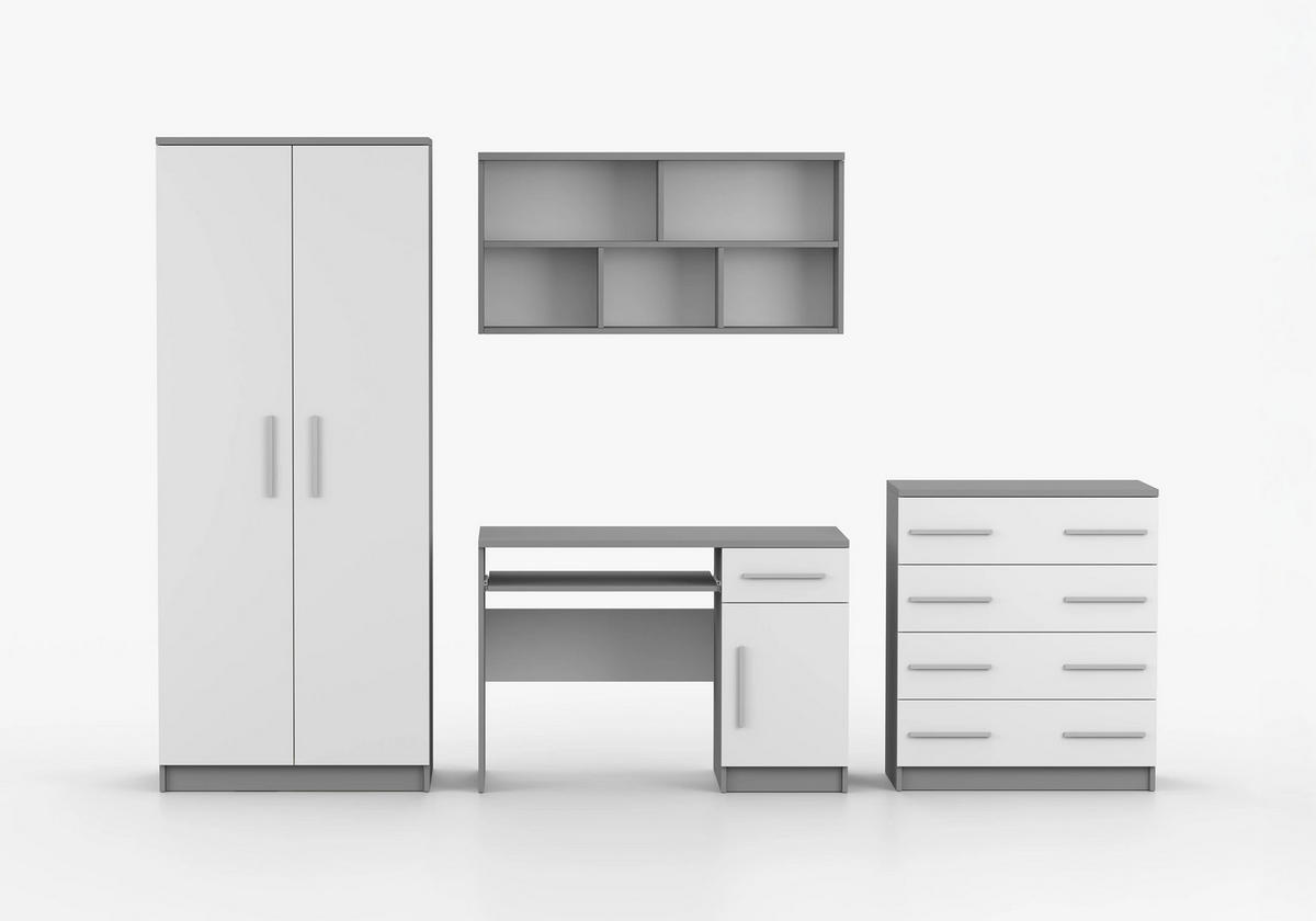 JUGENDZIMMER Arivo in Weiß und Grau 4 teilig Kinderzimmer Komplett Set mit Kleiderschrank, Schreibtisch, Kommode und Wandregal - Weiß, Holzwerkstoff (80/200/120cm)