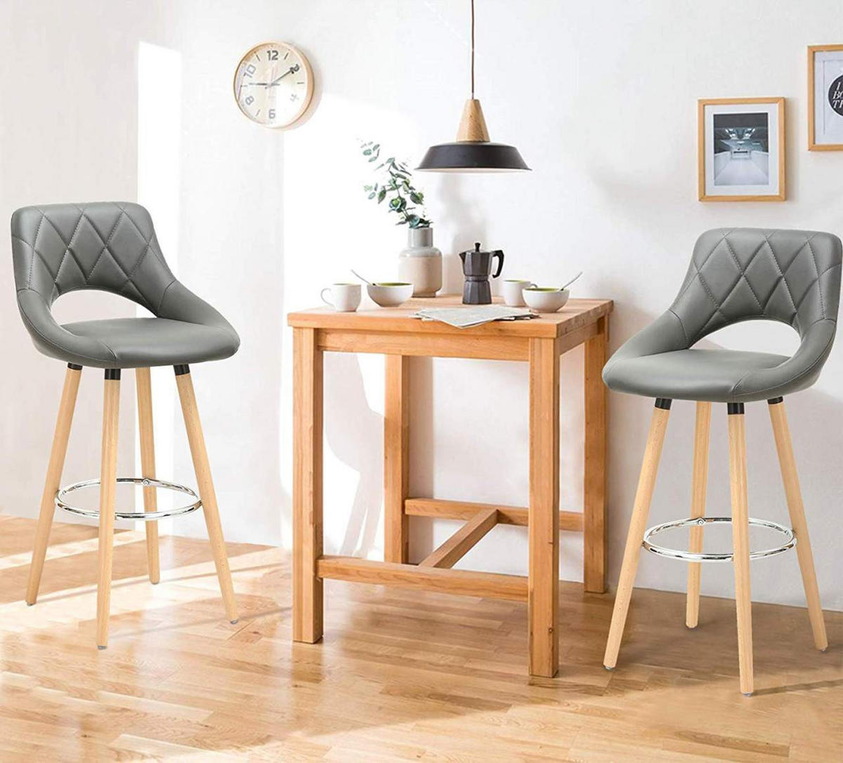 BARHOCKER aus Kunstleder, Holzgestell, Grau - Buchefarben/Grau, Holz/Textil (43/91/43cm) - Woltu