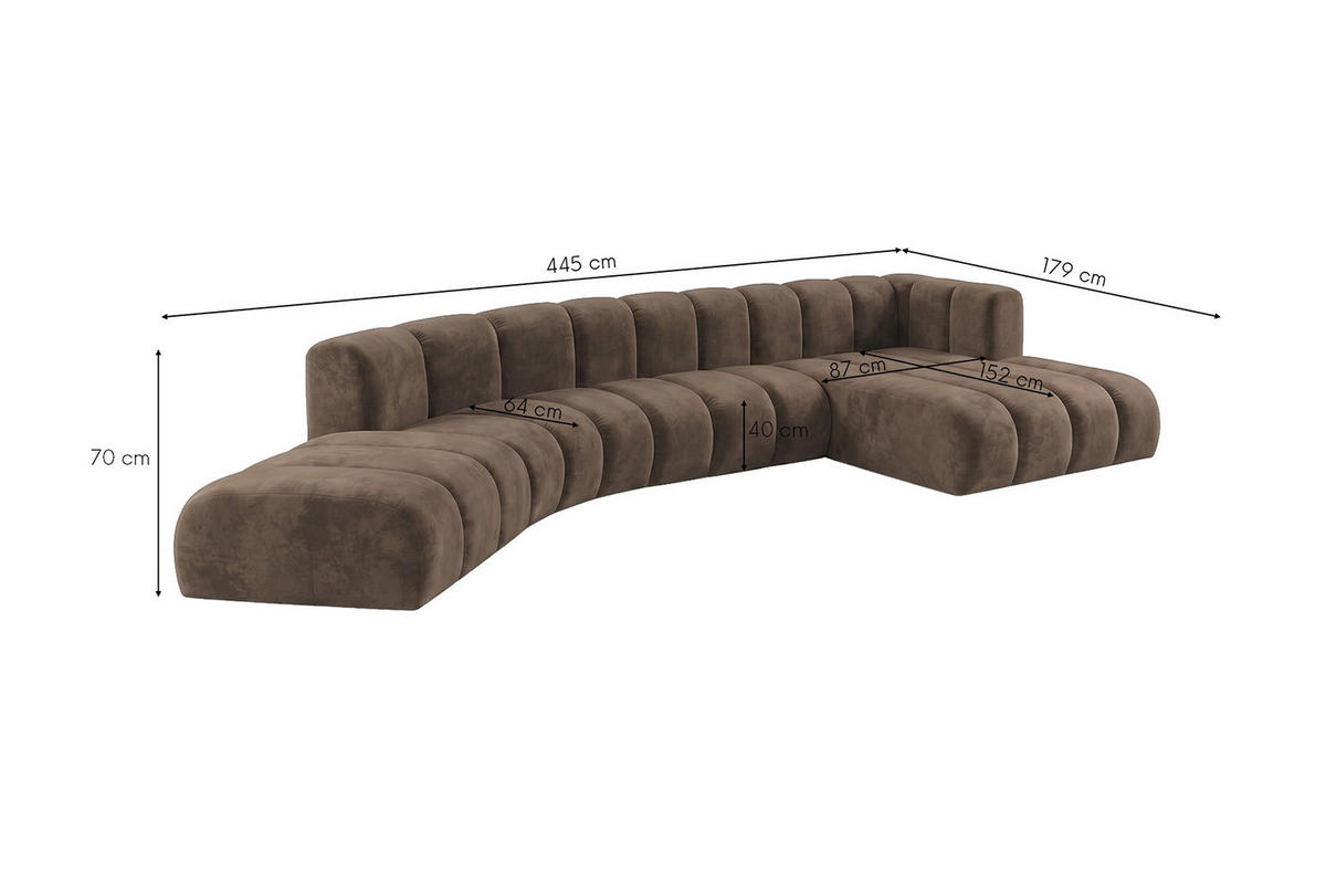 ECKSOFA Modulares In L-Form, Velvet-Stoff Riviera, Braun, Rechts, GRAND Round - Braun, Holz (445/179cm) - Kaiser Möbel