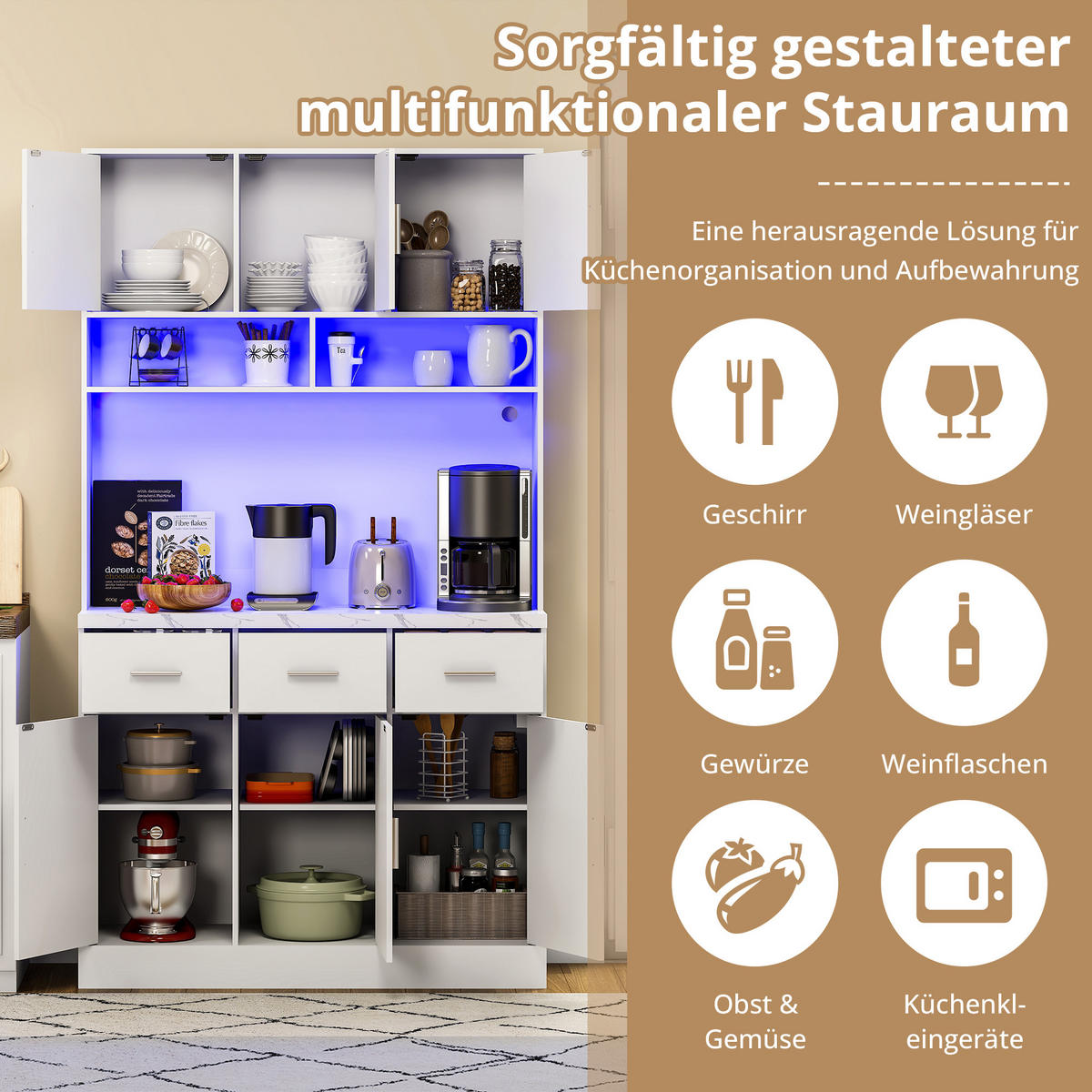 KÜCHENBUFFET in Weiß Küchenschrank mit LED-Beleuchtung und Schubladen für Küchen und Esszimmer, B100/T40/H180 cm - Weiß, Holzwerkstoff (100/180/40cm) - STILVORA