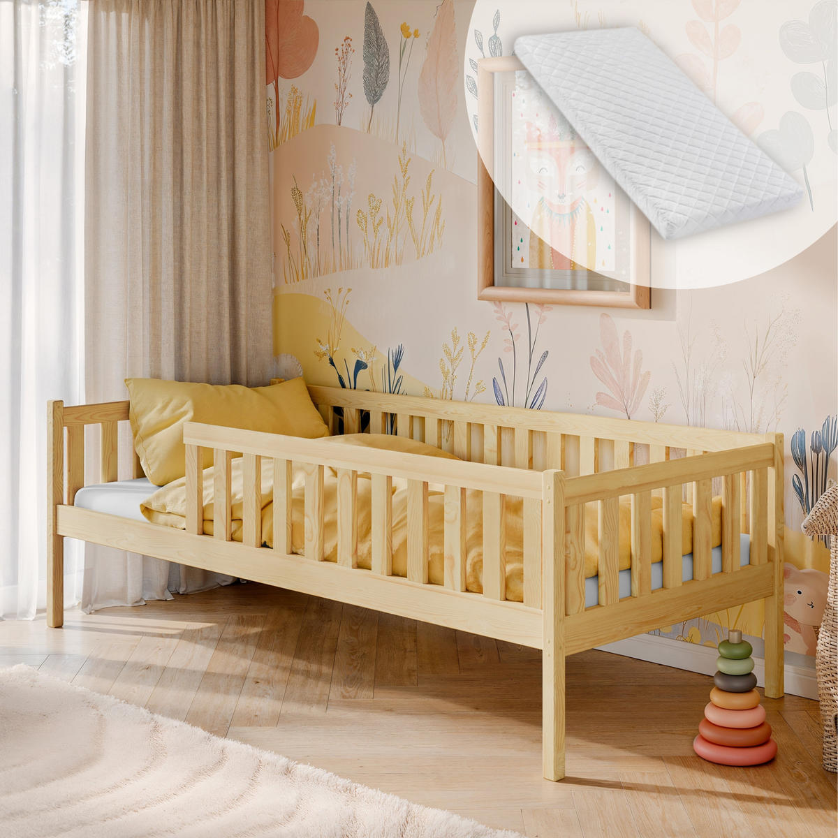 DETSKÁ POSTEĽ s bezpečnostnou zábranou proti pádu, roštom a matracom 80x180 v prírodnej farbe - prírodná farba, drevo - Kids Collective