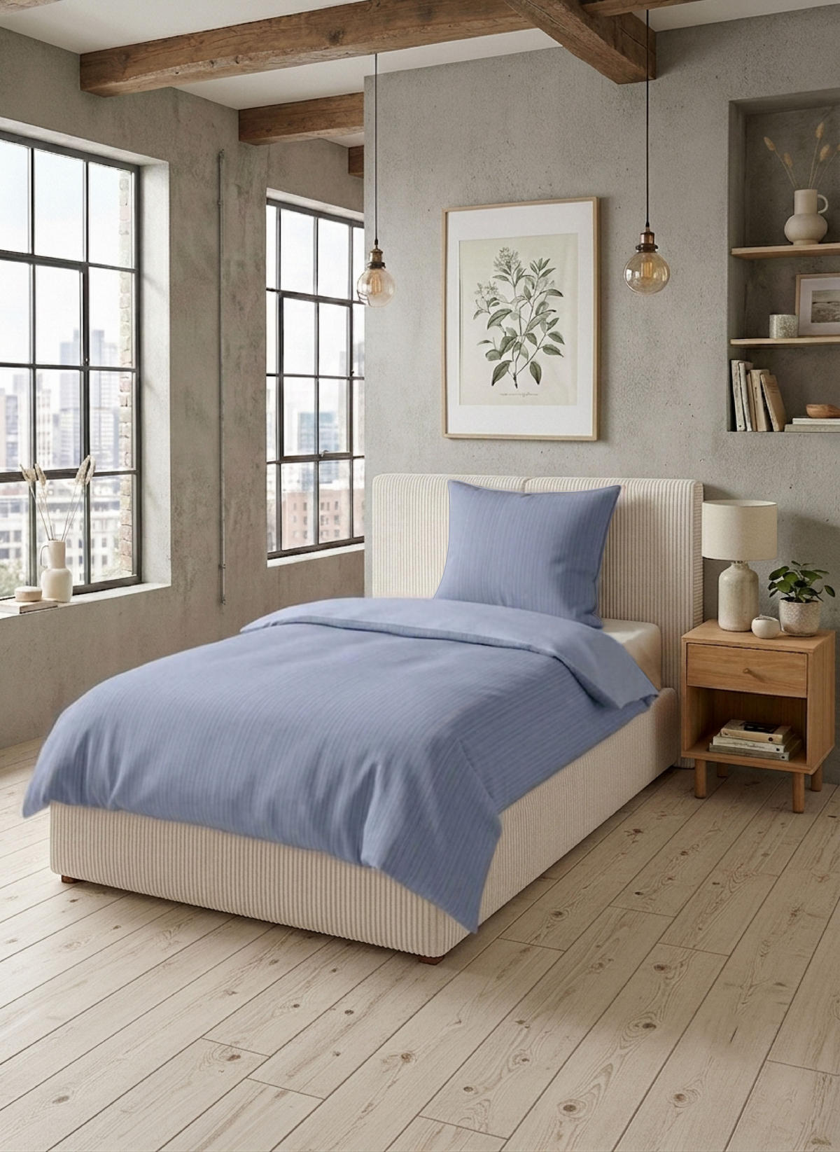 BETTWÄSCHE-GARNITUR Satin Feine Streifen blau, 155x200 cm + 80x80 cm - Blau, Textil (155/200cm) - biberna
