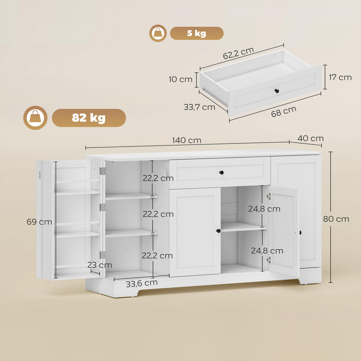 SIDEBOARD Weiß, 4 Türen, 1 Schublade, 140/40/80 cm - Weiß, Holz (140/80/40cm) - PANGIVO