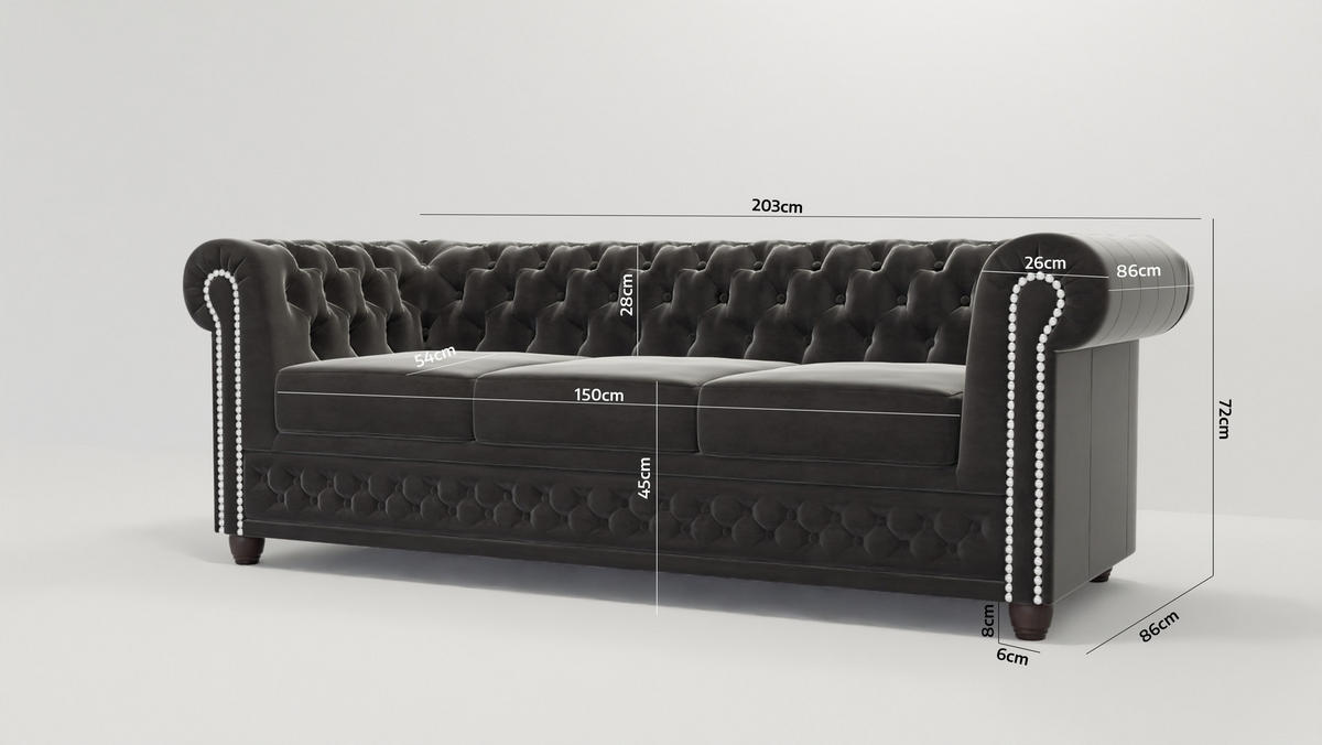 SITZGARNITUR 3+2+1 Chesterfield Nyx Schwarz Samt - Schwarz/Braun, Holz/Textil (203/72/86cm) - S-Style Möbel