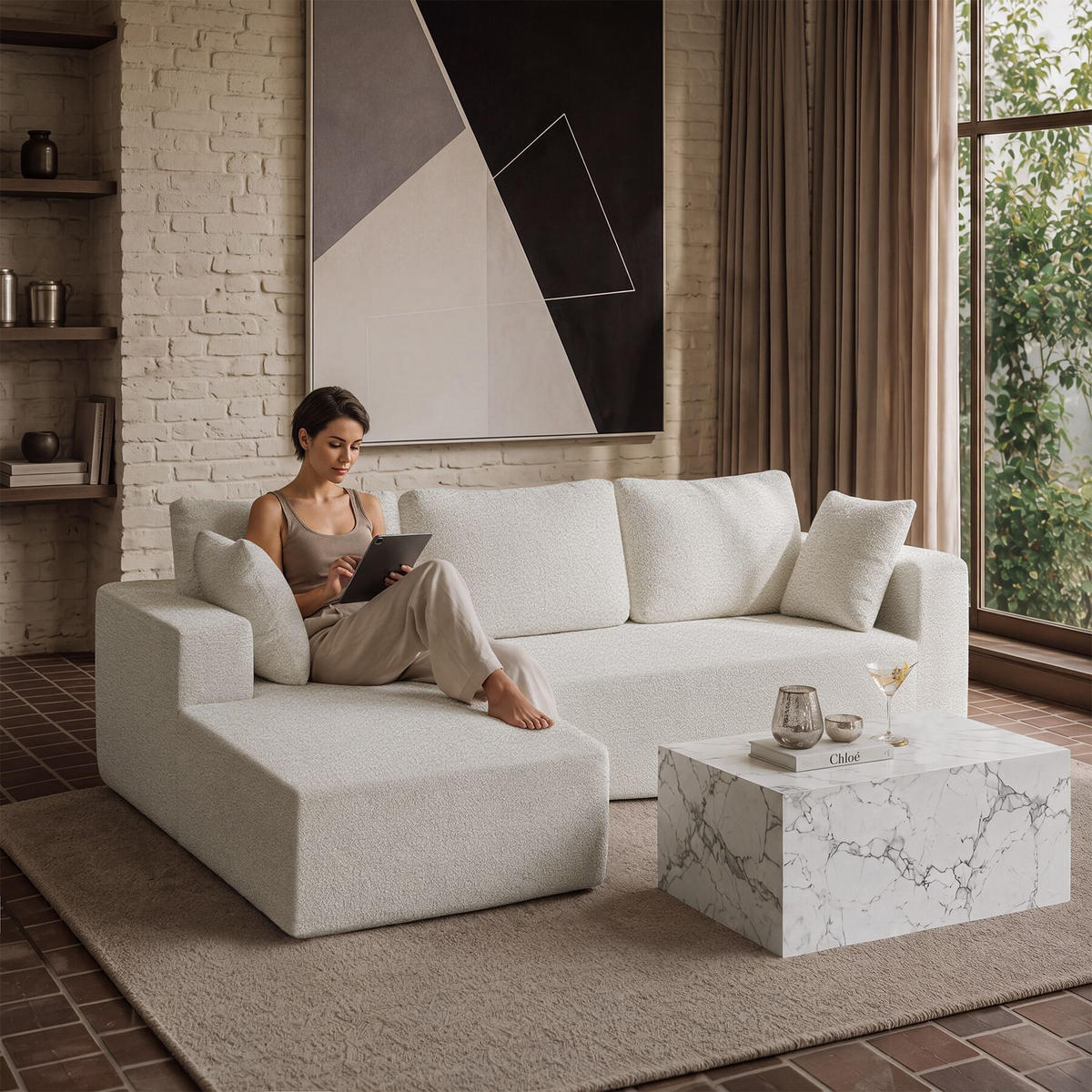 SOFA Relax, keine Montage, 250 cm Breite, Bouclé creme - Creme, Kunststoff/Textil (250/162cm) - tectake