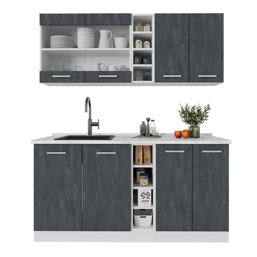 SINGLEKÜCHE R-Line Schwarz Beton/Weiß 160 cm AP Marmor - Schwarz/Weiß, Holzwerkstoff (160/81.6/60cm) - Vicco