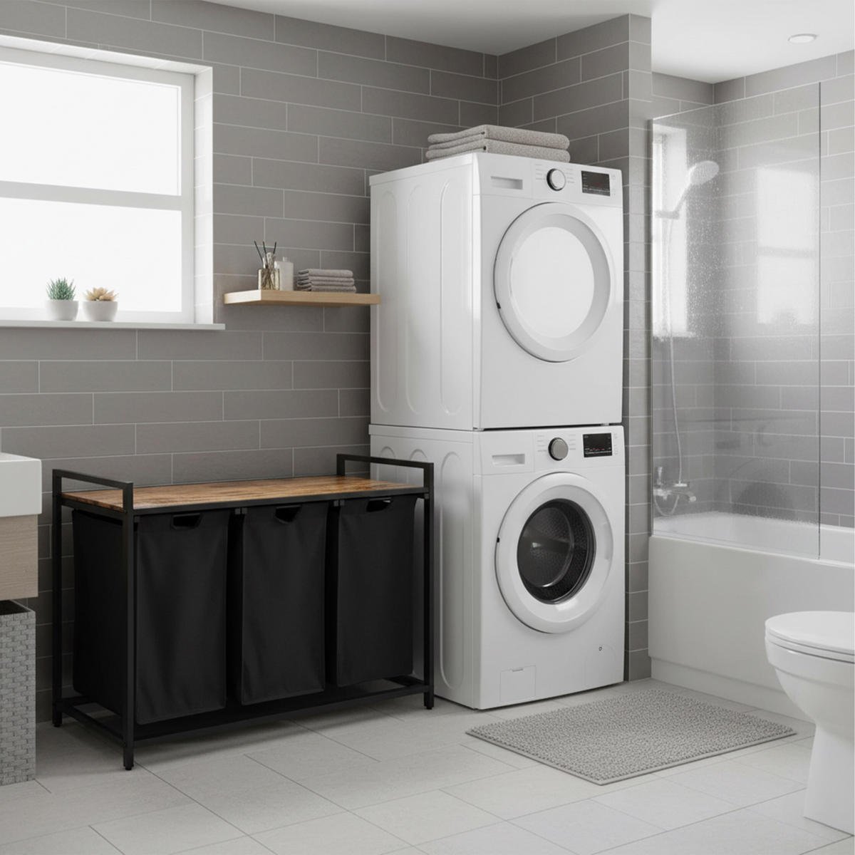 WÄSCHESAMMLER - Schwarz, Holzwerkstoff/Textil (109.5/73.5/33cm) - Relaxdays