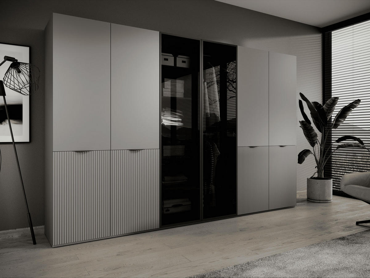 KLEIDERSCHRANK ZEN (Modular, Grau Matt, Grau & Getöntes Glas Antisol, 6-türig) - Schwarz/Grau, Holz/Holzwerkstoff (303/200/51cm) - Ravio