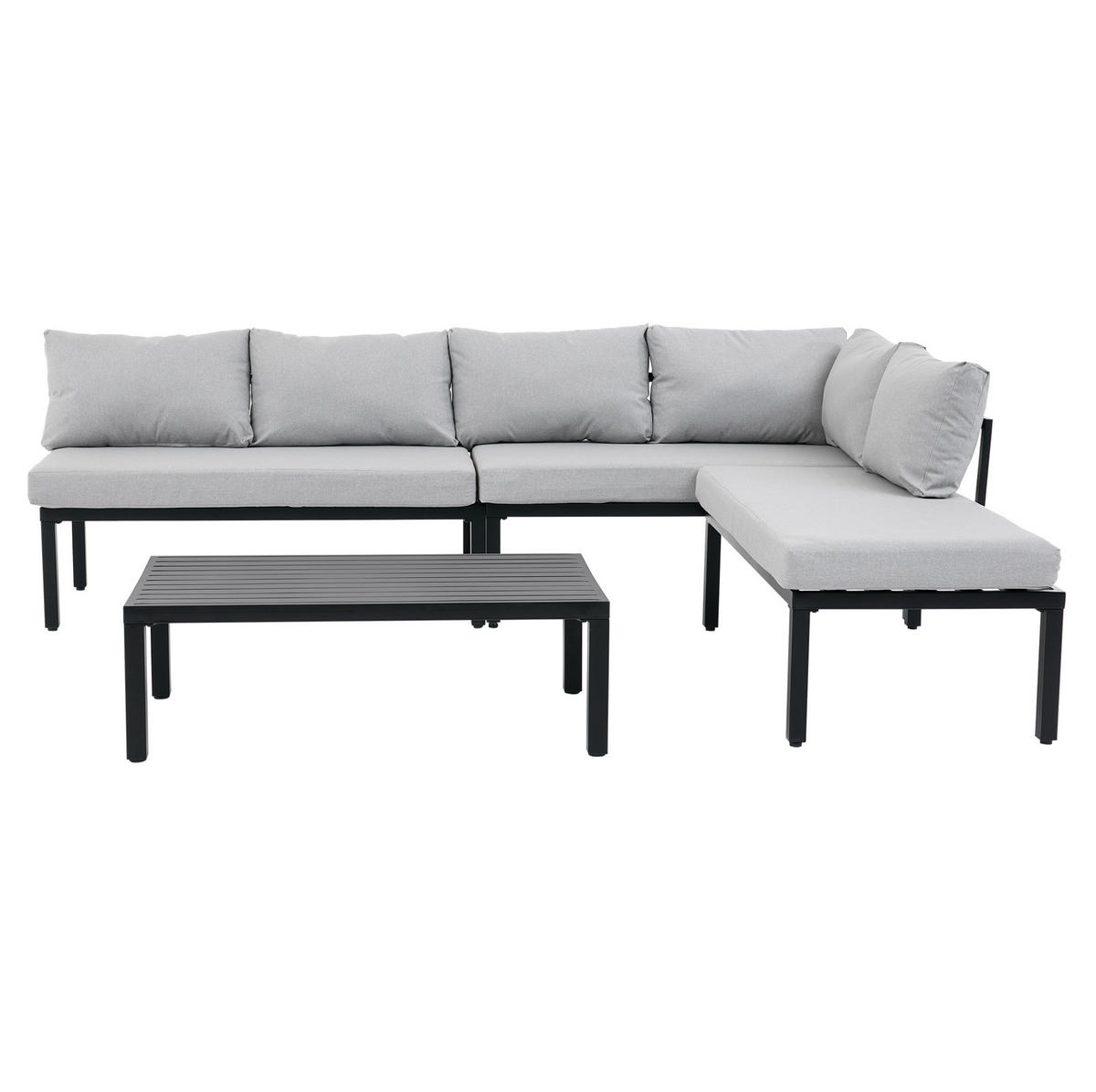 GARTENGARNITUR aus Polyester 6-Sitzer Grau mit modularem Sofa, abnehmbaren Rückenlehnen und Couchtisch - Grau, Metall - Modfu
