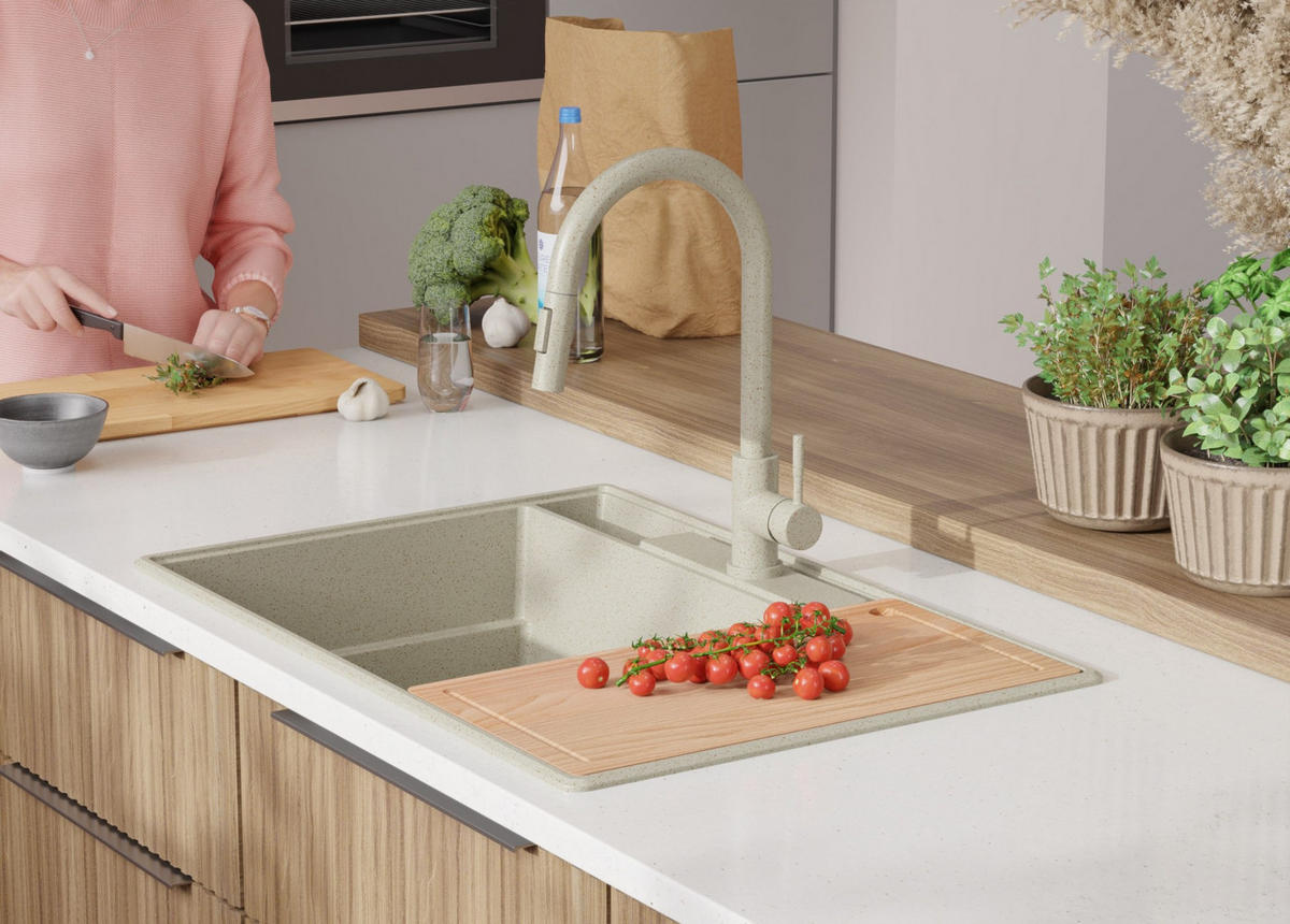 GRANITSPÜLE Paris, 2-er set Beige 78/53 cm 2 Becken + Küchenarmatur 40/20 cm + Ablauf-Set + Küchenzubehörset ab 80er Unterschrank - Chromfarben/Edelstahlfarben, Kunststoff (78/20/53cm) - Primagran