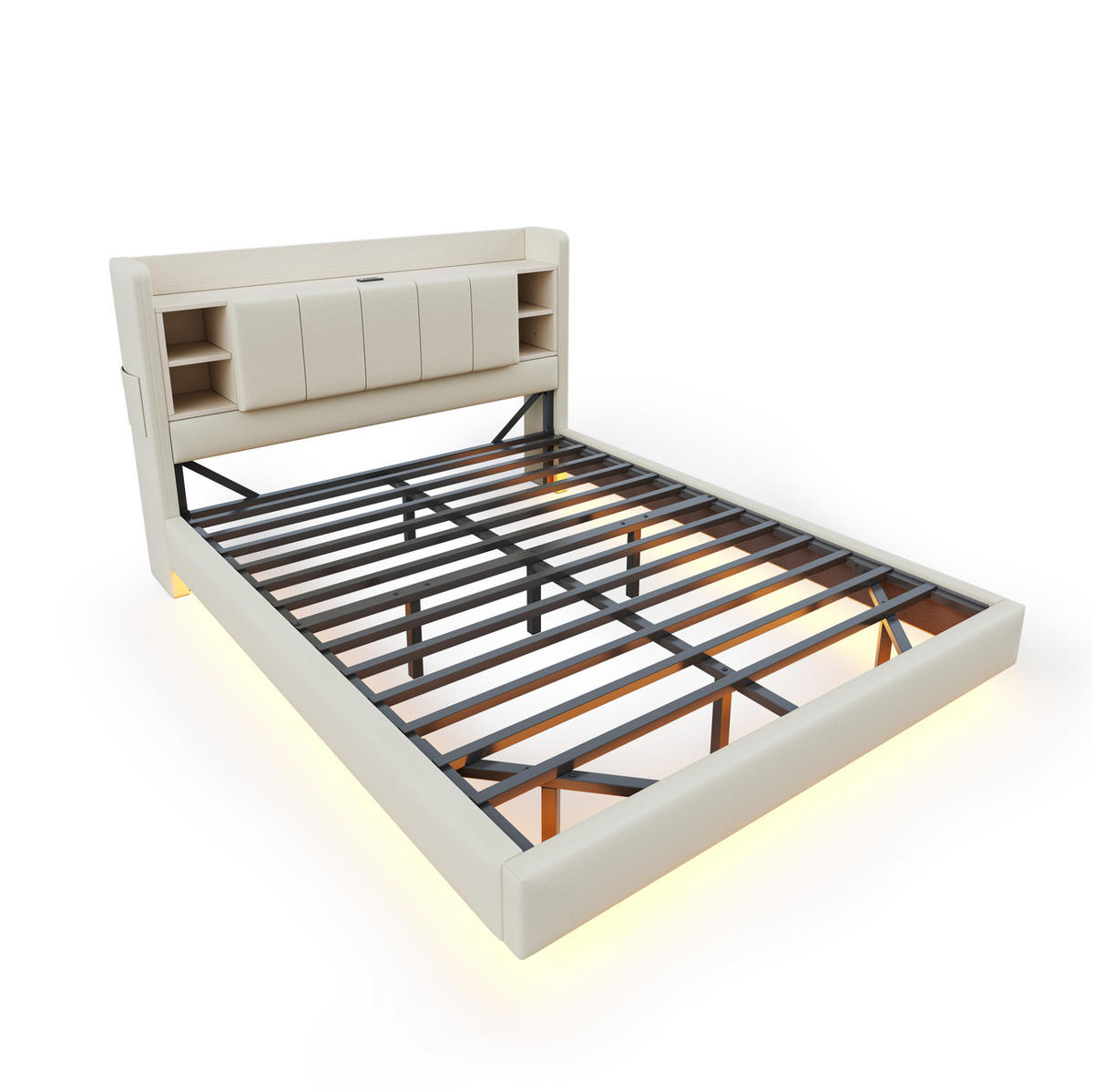 POLSTERBETT mit LED-Beleuchtung 160/200 cm mit USB und Stauraum in Beige - Beige, Textil (160/200cm) - BEAOK