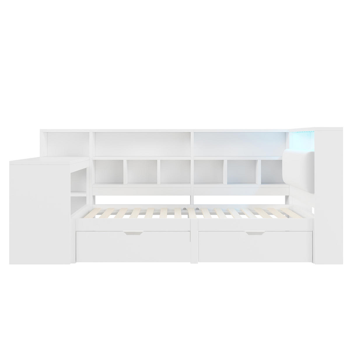 MULTIFUNKTIONSBETT 90/200 cm Weiß L-förmiges Bett mit Schreibtisch Bücherregal und LED-Beleuchtung - Weiß, Holzwerkstoff (90/200cm) - OKWISH