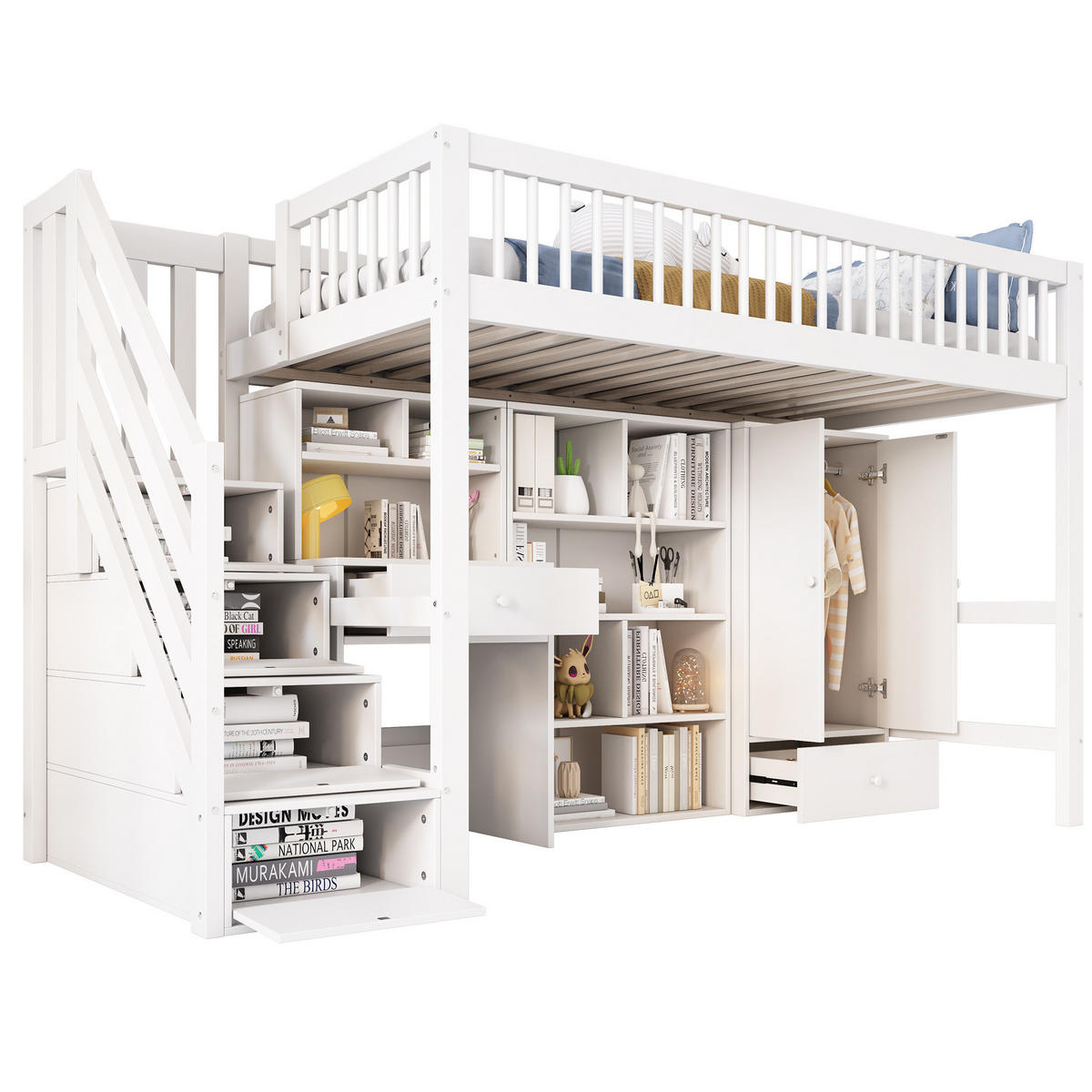 HOCHBETT 90/200 cm in Weiß mit Schreibtisch, Treppe und Kleiderschrank - Weiß, Holzwerkstoff (90/200cm) - Flora Grace