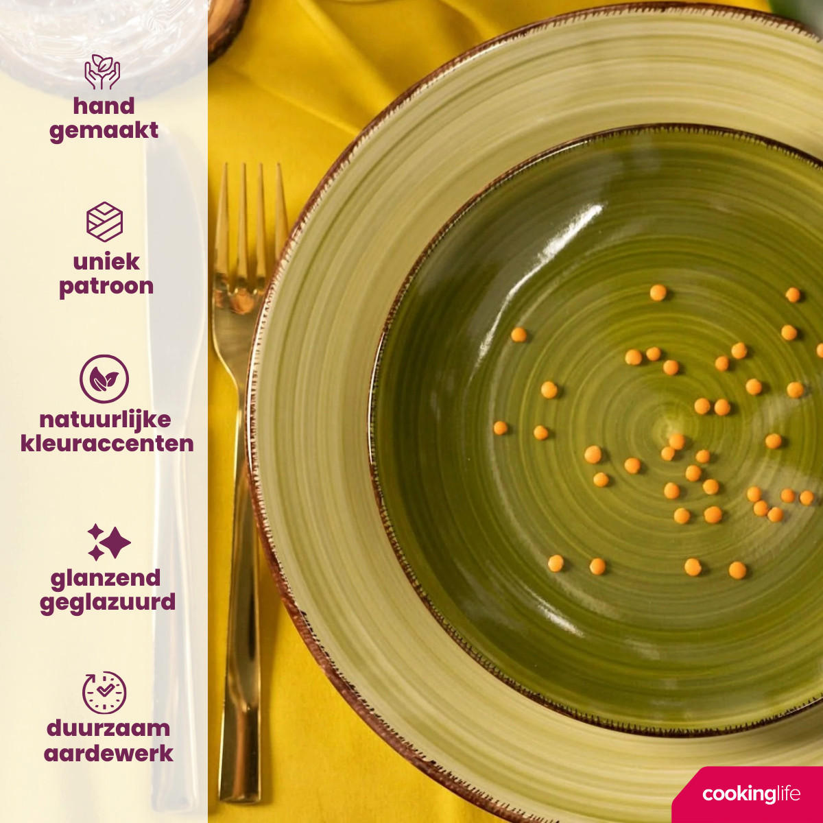 COOKINGLIFE Geschirrset Delice Grün 18-teilig / 6 Personen - 6 Speiseteller, 6 Suppenteller und 6 Frühstücksteller - Grün, Keramik (2/2/1cm) - Cookinglife