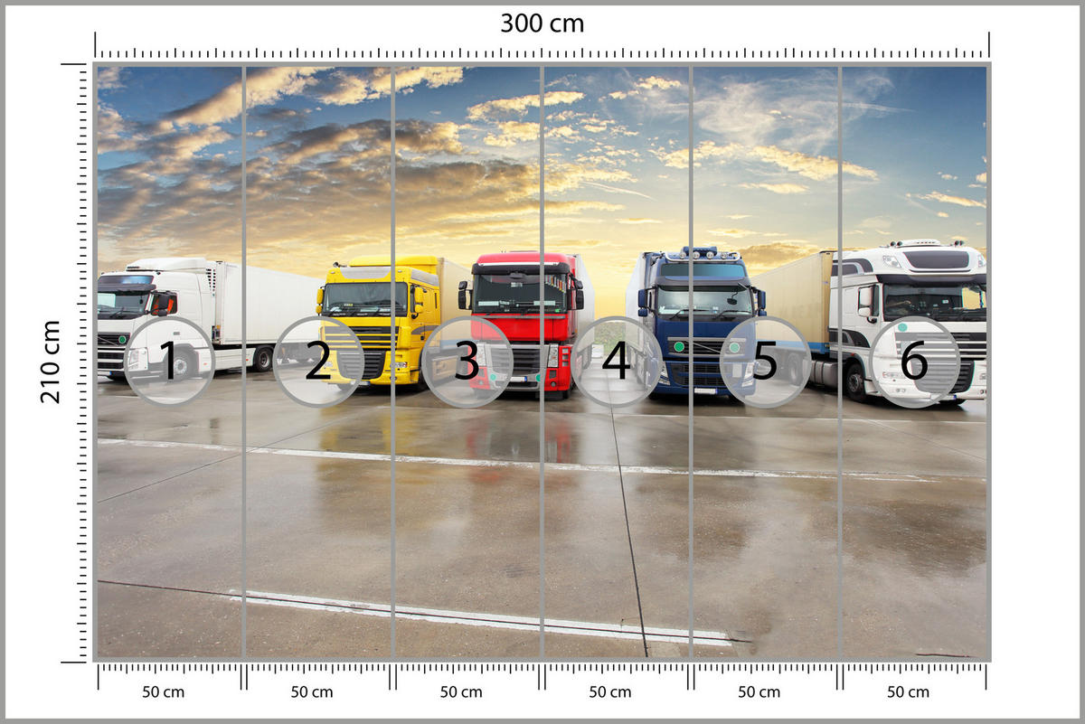 FOTOTAPETE für Wohnzimmer Lastwagen Parken Sonnenuntergang 300x210 - Gelb/Rot, Papier (300/210cm) - Muralo