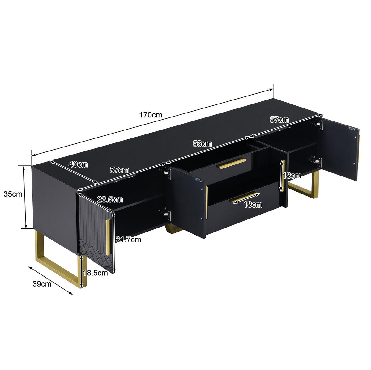 TV-SCHRANK aus MDF 170x40x53,5 cm Schwarz mit 4 Türen, Kabeldurchlässen und Hochglanzoberfläche - Schwarz, Holzwerkstoff (170/53.5/40cm) - Modfu