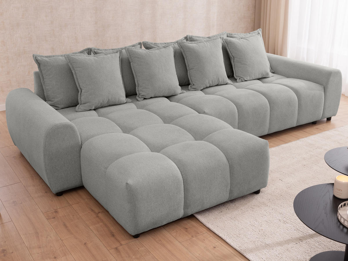 ECKSOFA Bubble mit losen Rückenkissen und Sitzfläche in Bubble-Optik aus weichem Hellgrau Strukturstoff mit schöner Sitzkomfort - Ottomane links - Hellgrau/Schwarz, Holz/Kunststoff (180/306cm) - S-Style Möbel