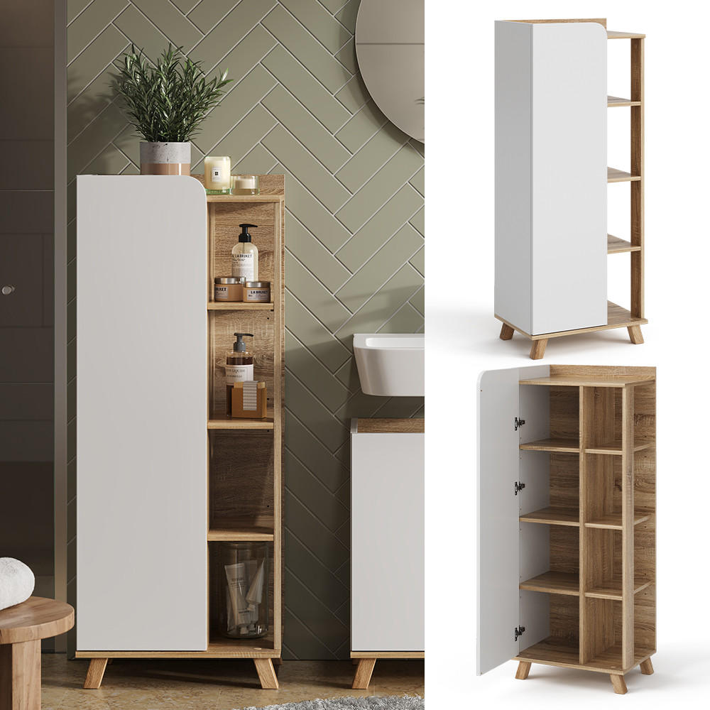 MIDISCHRANK Karen Sonoma/Weiß 50 x 128 cm mit Tür und offenen Fächern - Weiß/Sonoma Eiche, Holzwerkstoff (50/128/35cm) - Vicco