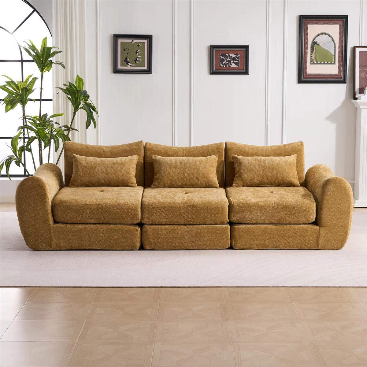 SCHLAFSOFA 3-Sitzer aus Chenille, Weiches Klappsofa ohne Montage, Gelb - Gelb, Textil (262/78/97cm) - Kaket