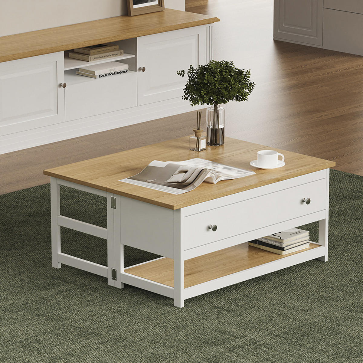 COUCHTISCH Vikla Weiß/Eiche 100 x 40 cm mit ausklappbarer Tischplatte - Weiß, Holzwerkstoff (40/100/44.5cm) - Vicco