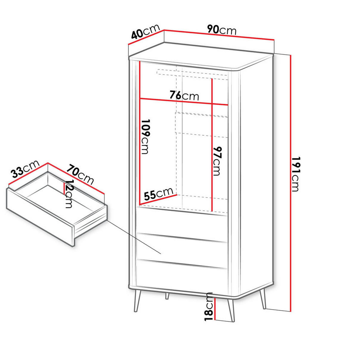KLEIDERSCHRANK Marly Kaschmir / Graustein 90 / 60 / 191cm - Creme/Schwarz, Holz/Holzwerkstoff (90/191/60cm) - Feldmann-Wohnen