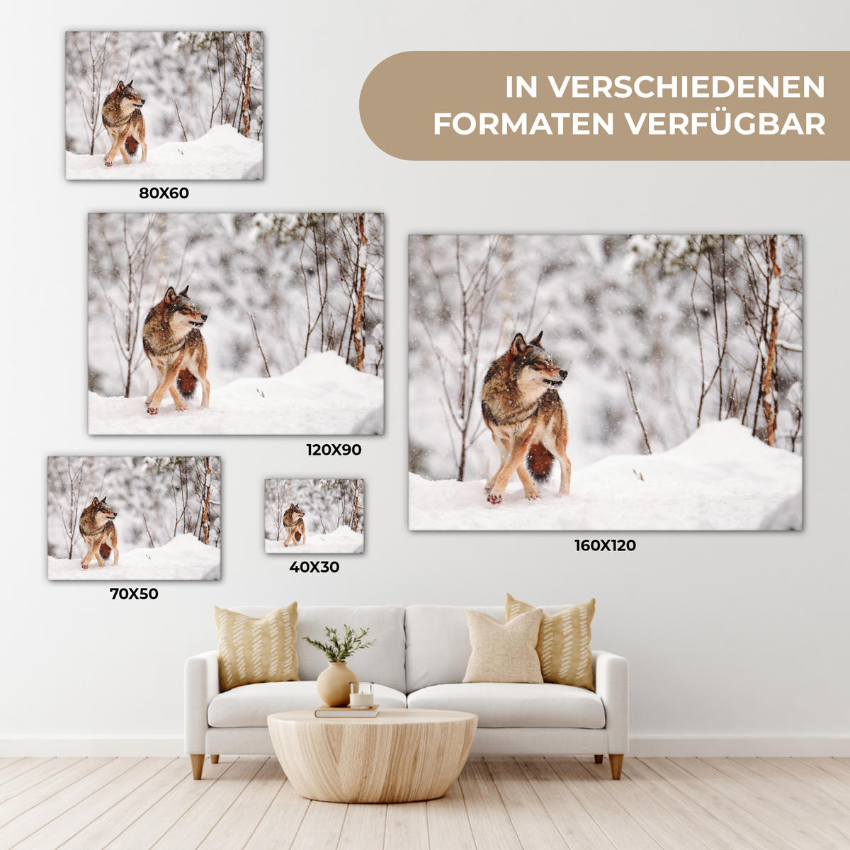 LEINWANDBILD Wolf - Winter - Schnee - Natur - Tiere 40x30 cm - Haselnussfarben, Textil (40/30cm) - MuchoWow