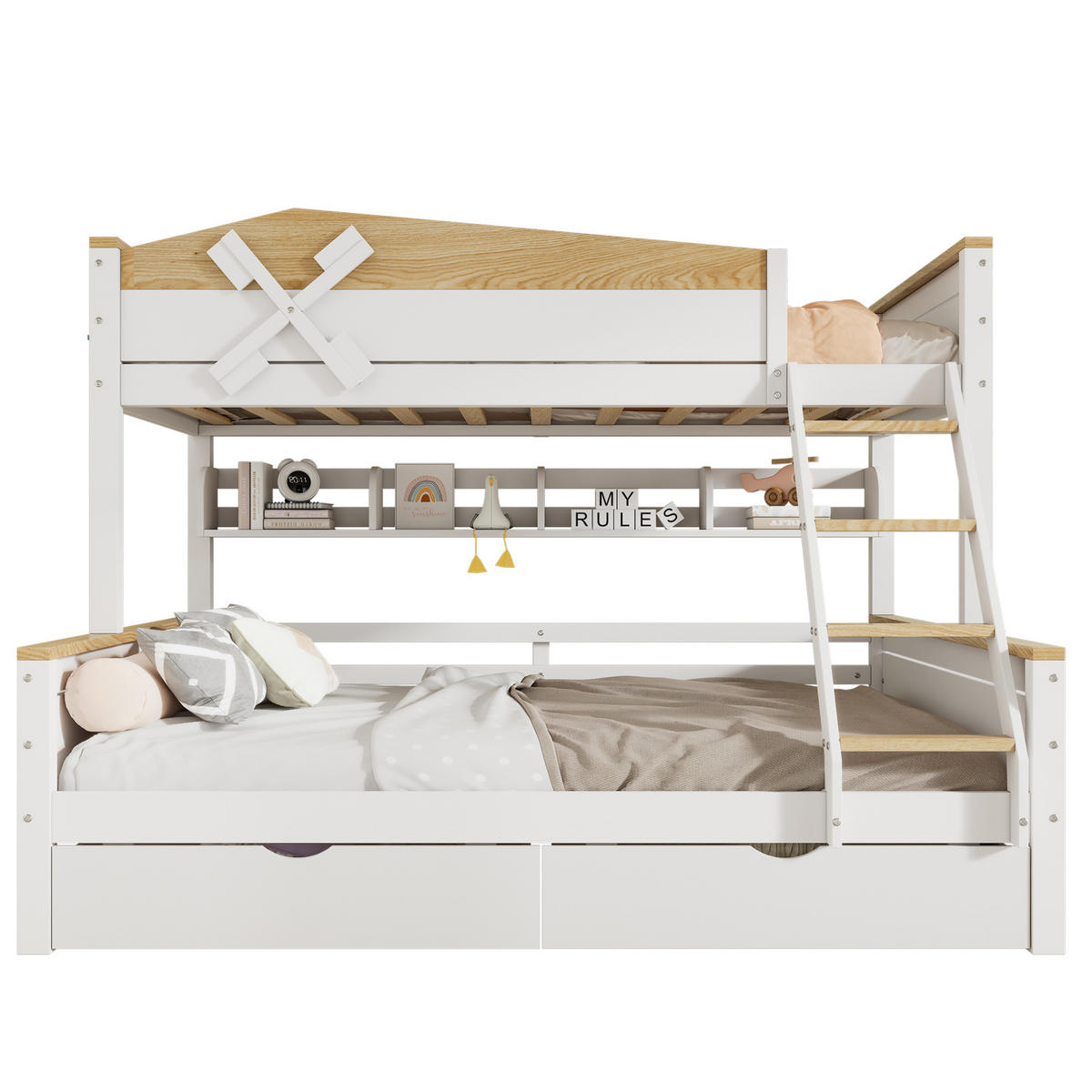 ETAGENBETT 90/200 cm & 140/200 cm mit Regalen und Schubladen in Weiß/Natur - Weiß, Holzwerkstoff (90/200cm) - BEAOK