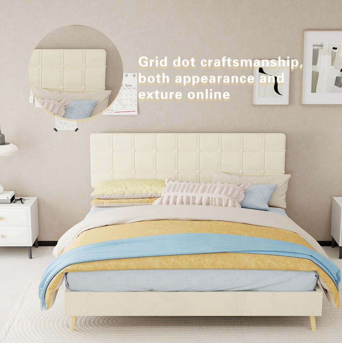POLSTERBETT 160/200 cm mit karierter Kopfteilpolsterung und Holzfüßen, Beige - Beige, Textil (160/200cm) - Redom