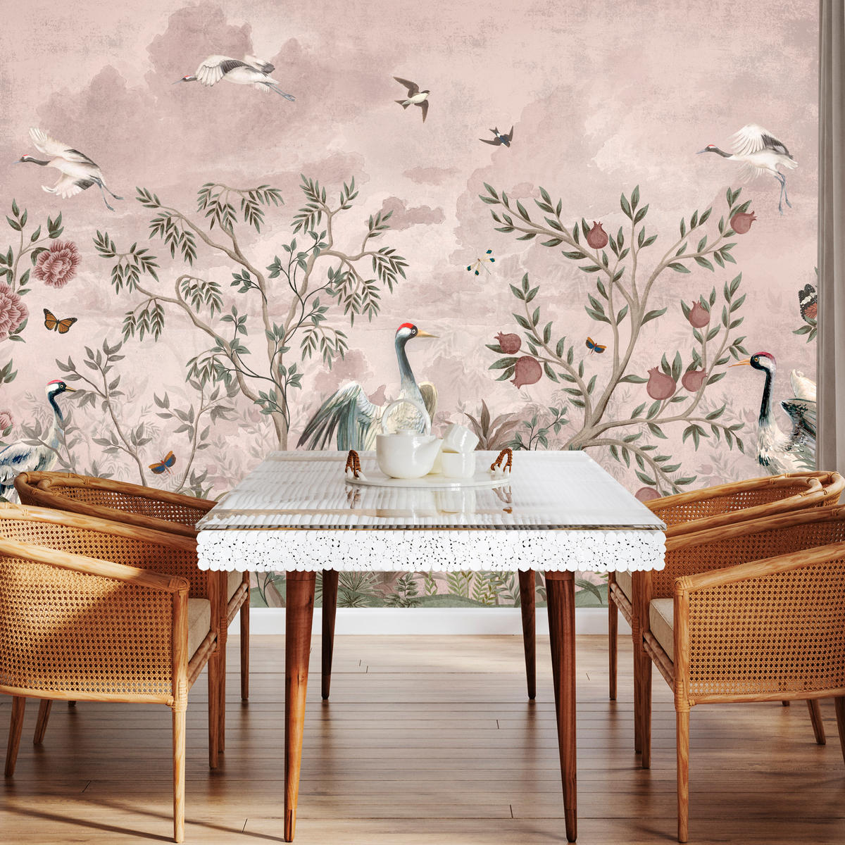 FOTOTAPETE für Schlafzimmer Kraniche Bäume Tropische Blumen Büsche 500x350 - Beige/Rot, Papier (500/350cm) - Muralo