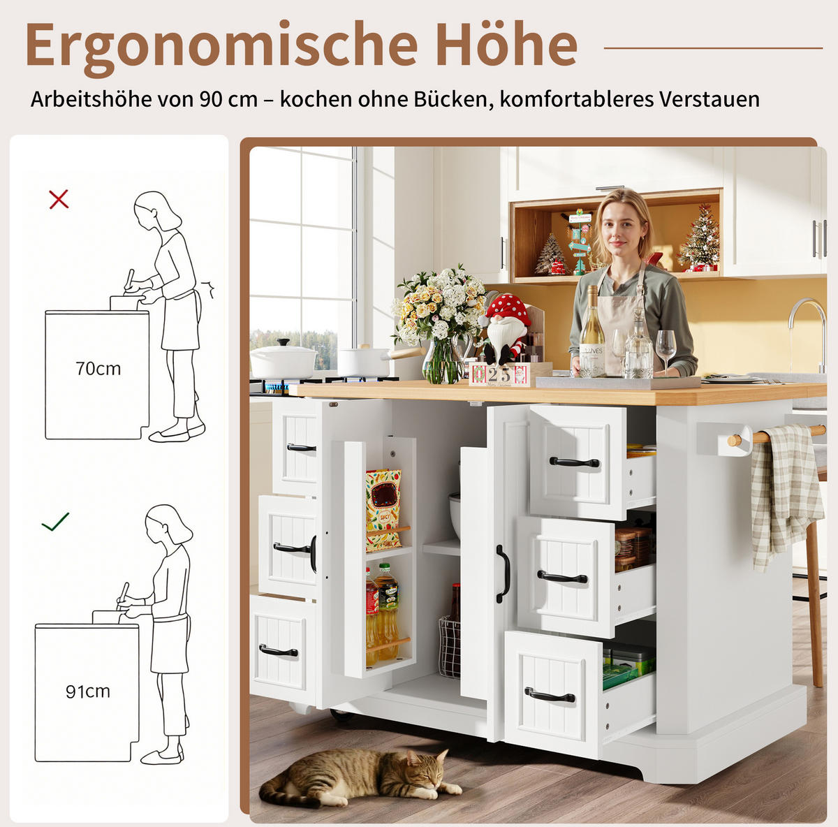 KÜCHENINSEL 120/45(75)/91 cm in Weiß mit 6 Schubladen und Rollen - Weiß, Holzwerkstoff (120/91/45cm) - Flora Grace