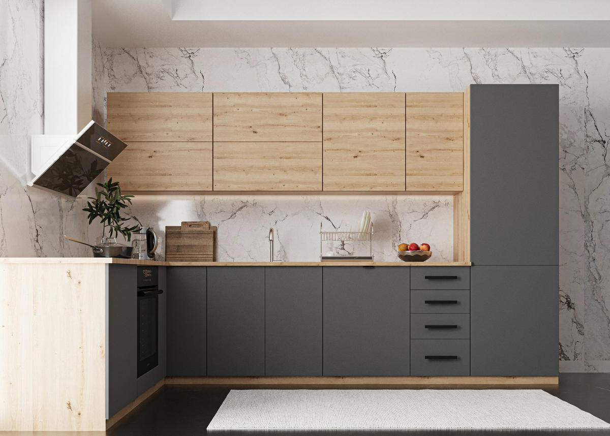 ECKKÜCHE 330 x 210 cm – Nexa K53-G330 – in Grau & Woodline / Matt - Schwarz/Eiche Artisan, Holz/Metall (330/212/58cm) - ROYAL24_MARKT