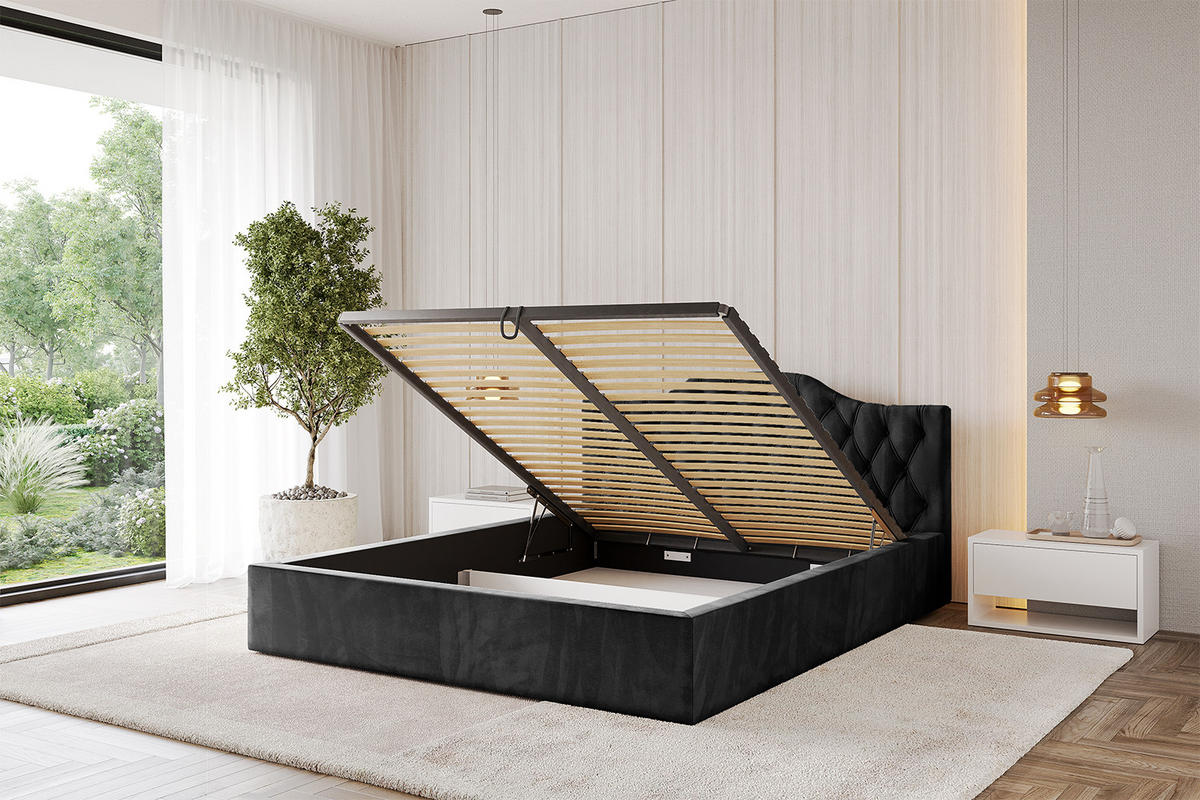 POLSTERBETT mit Bettkasten und Lattenrost, Bett mit Matratze H3/H4 - FALIO-V1 180x200 Schwarz - Schwarz, Holzwerkstoff/Textil (180/200cm) - ALTDECOR