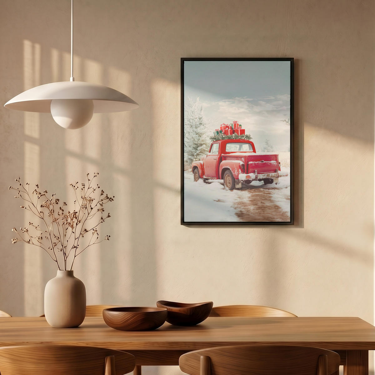 LEINWAND Bilder mit Rahmen - Auto - Rot - Geschenke - Winter - Schnee - Weihnachten - 40x60 - Rot, Textil (40/60cm) - MuchoWow