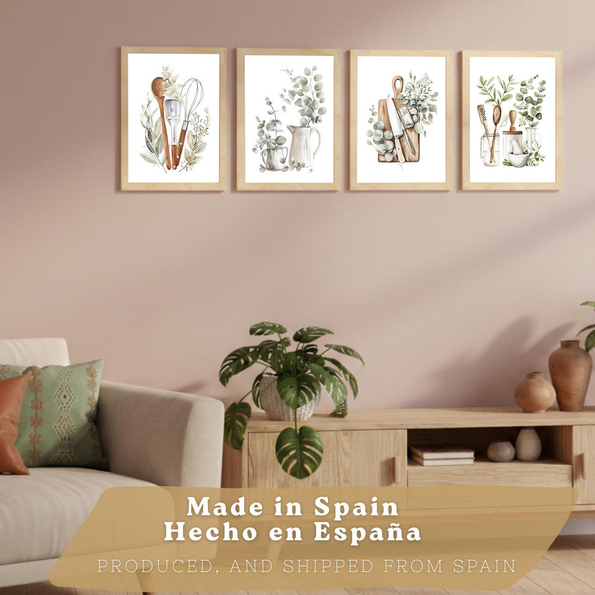 PLAKAT Sada 4 dekorativních nástěnných tisků, Botanická kuchyně. Bohémský venkovský styl. Rustikální kuchyně. Velikost Světlý dřevěný rám A3 - béžová, papír (29.7/42/3cm) - Nacnic