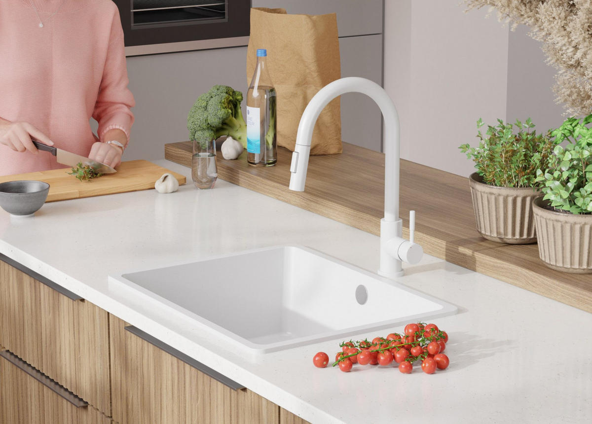 GRANITSPÜLE Venedig Slim Easy, 2-er set Weiß 56/44 cm 1 Becken + Küchenarmatur 32/20 cm + Ablauf-Set ab 60er Unterschrank - Chromfarben/Weiß, Kunststoff (56/20/44cm) - Primagran