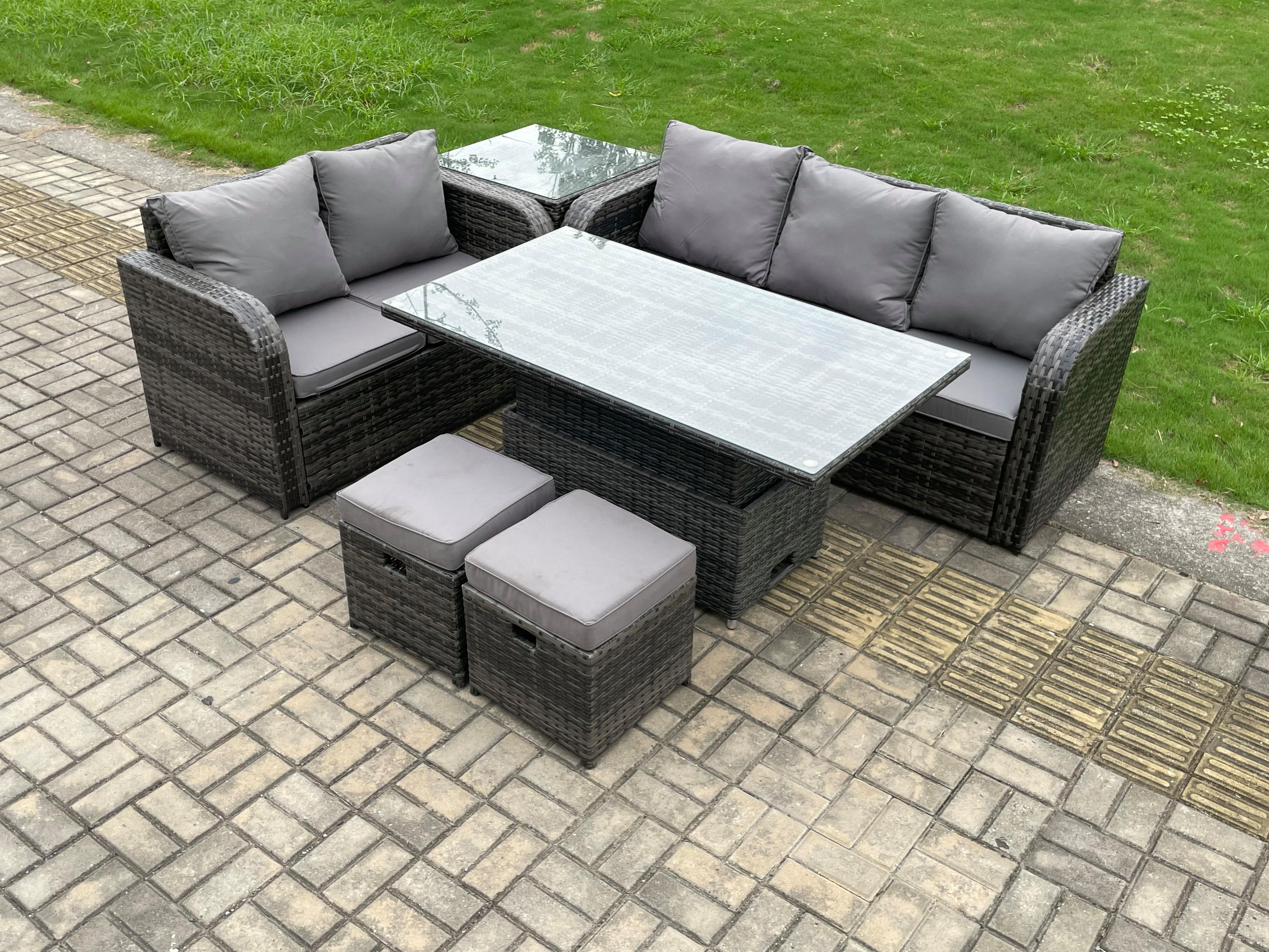 GARTENSOFA-SET hÖHENVERSTELLBARER ESSTISCH BEISTELLTISCH HOCKER Polyrattan 7-Sitzer - Dunkelgrau/Grau, Glas/Kunststoff - Fimous