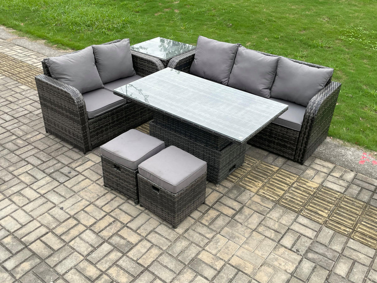 GARTENSOFA-SET hÖHENVERSTELLBARER ESSTISCH BEISTELLTISCH HOCKER Polyrattan 7-Sitzer - Dunkelgrau/Grau, Glas/Kunststoff - Fimous