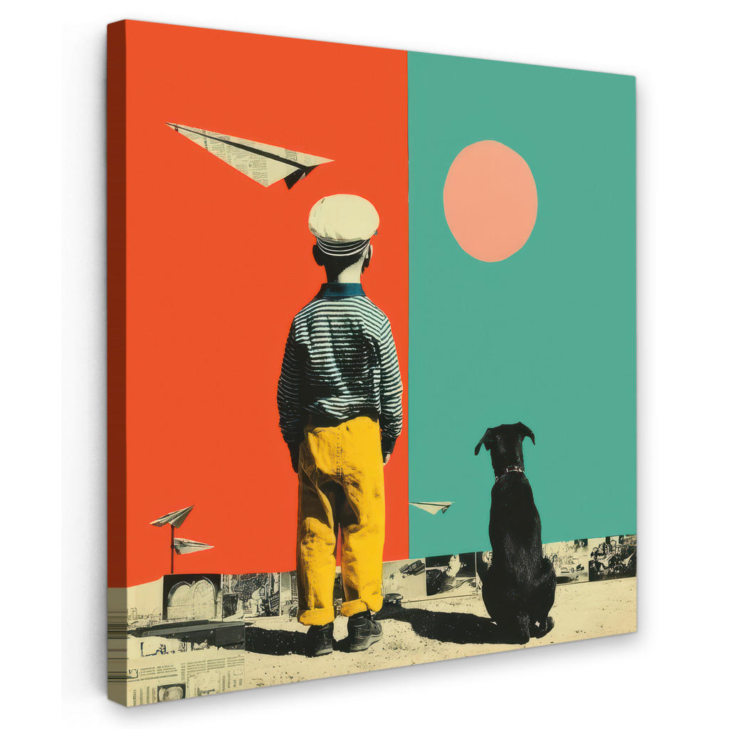 MuchoWow OBRAZ NA PLÁTNĚ Retro - Chlapec - Pes - Červená - Zelená 50x50 cm