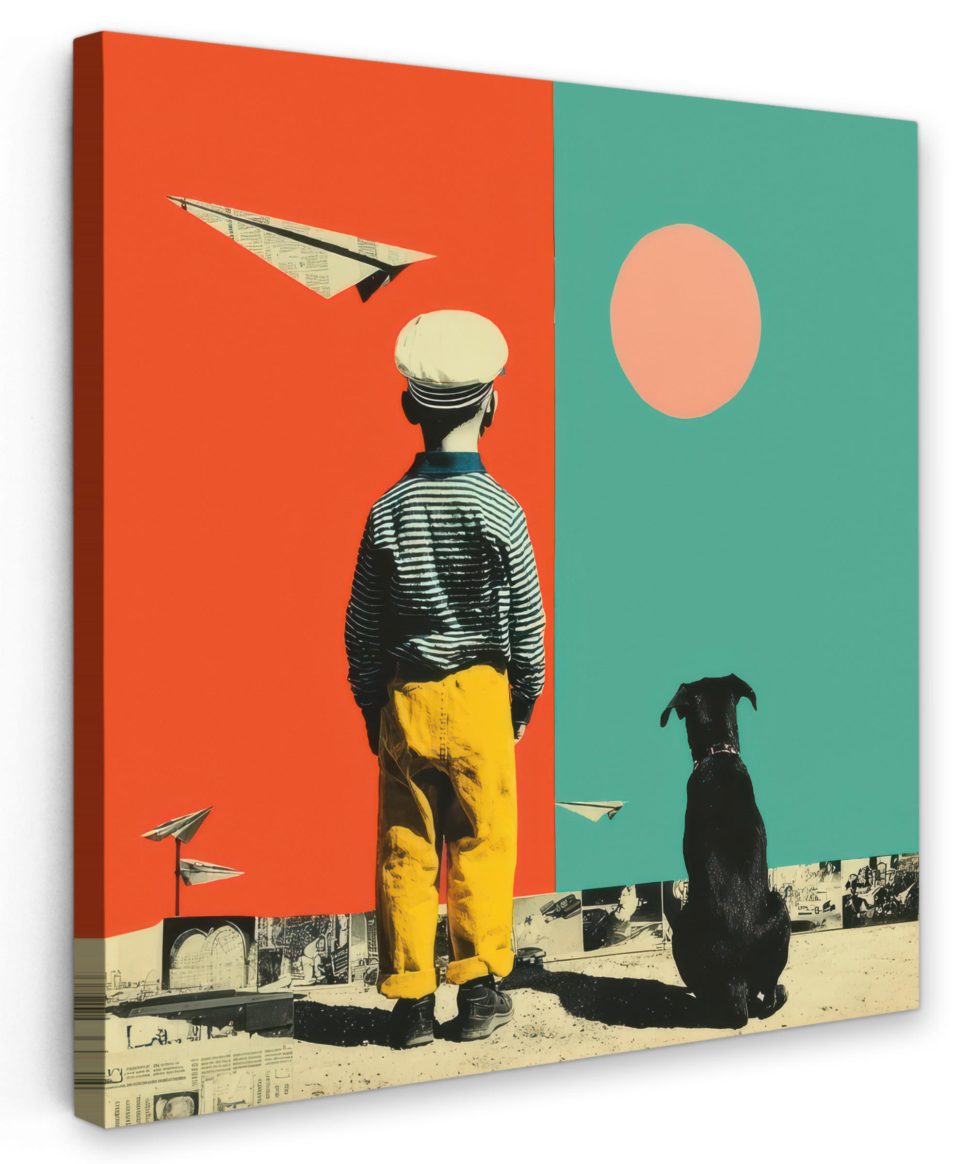 LEINWANDBILD Retro - Junge - Hund - Rot - Grün Wandbild Wohnzimmer 50x50 cm - Orange, Textil (50/50cm) - MuchoWow