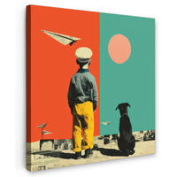 LEINWANDBILD Retro - Junge - Hund - Rot - Grün Wandbild Wohnzimmer 50x50 cm - Orange, Textil (50/50cm) - MuchoWow
