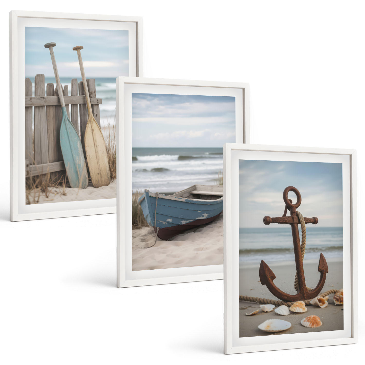 BILDER SET 3er Set - 40x60 cm Weißer Rahmen - Strandbootanker Sand - Weiß, Kunststoff (40/60cm) - TULUP
